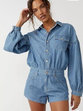 NWT FREE PEOPLE Zodiac Long Sleeve Cotton Chambray Romper Medium